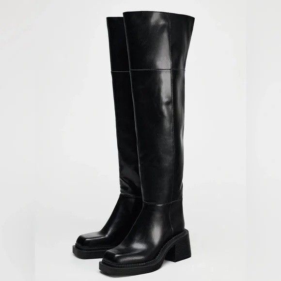 ZARA Women Square Toe Over-The-Knee Thigh High Leather Boots Black US 9 EUR 40 - Picture 1 of 16